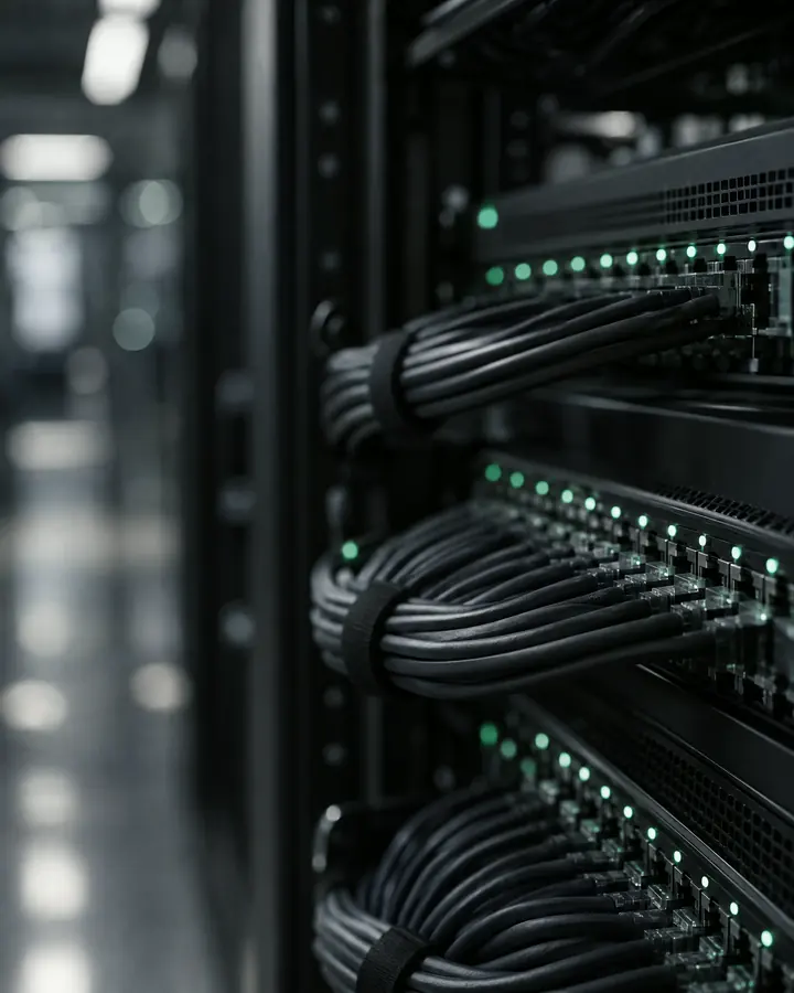 Rack de rede organizado com luzes de status verdes